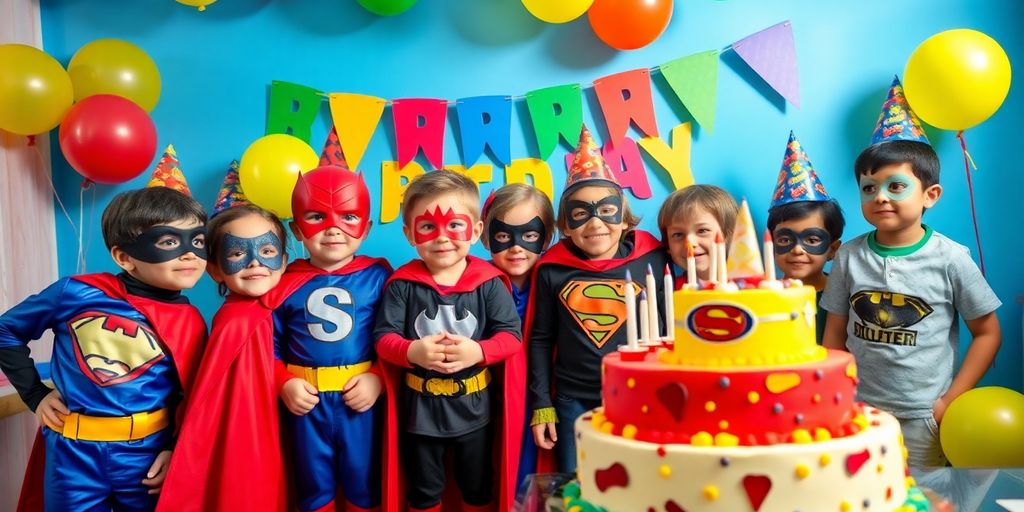 Enfants déguisés en super héros à une fête d'anniversaire.