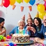 Fête d'anniversaire adulte avec gâteau et ballons.