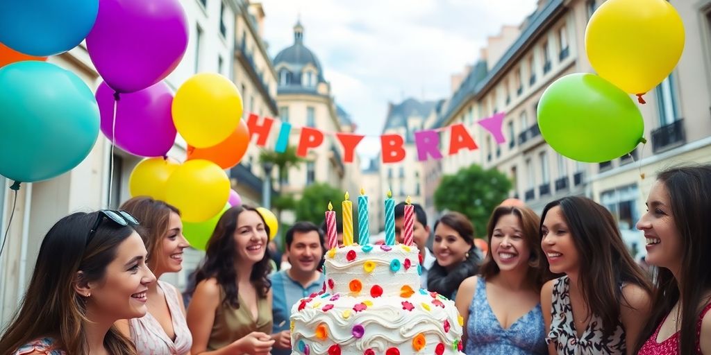 Scène d'anniversaire colorée à Lyon avec des ballons.