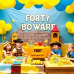 Fête d'anniversaire Fort Boyard avec enfants joyeux.