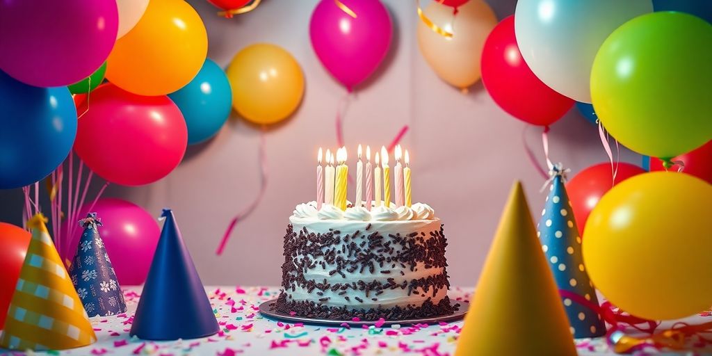 Scène d'anniversaire avec des ballons et un gâteau.