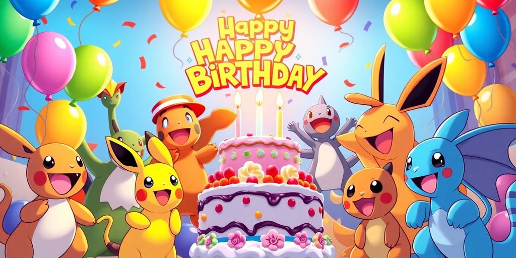 Célébration d'anniversaire avec personnages Pokémon joyeux.