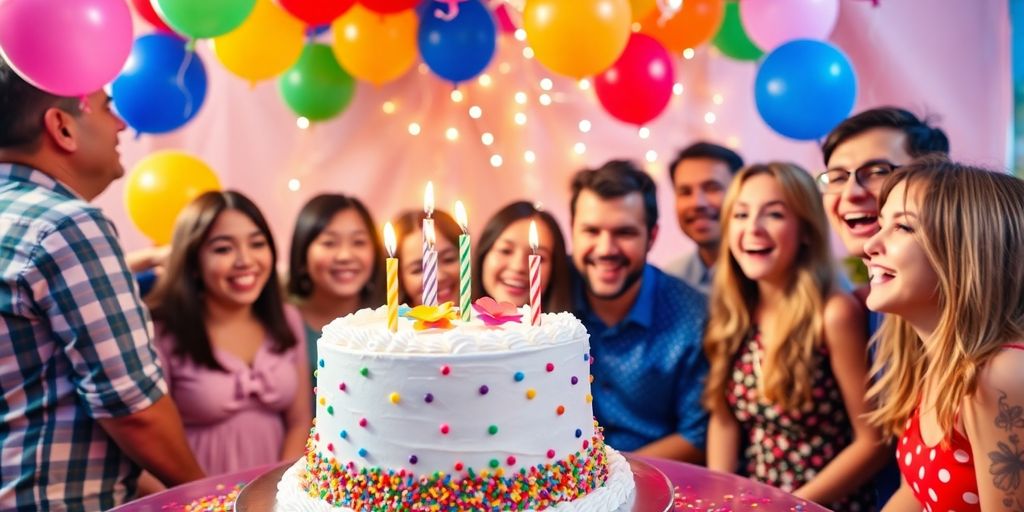 Scène d'anniversaire avec gâteau, ballons et invités heureux.