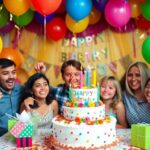 Scène de fête d'anniversaire avec des ballons colorés.