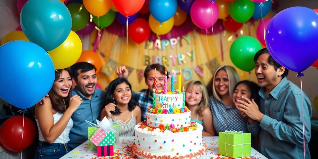 Scène de fête d'anniversaire avec des ballons colorés.