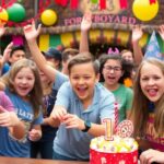 Scène festive d'anniversaire au Fort Boyard avec défis.