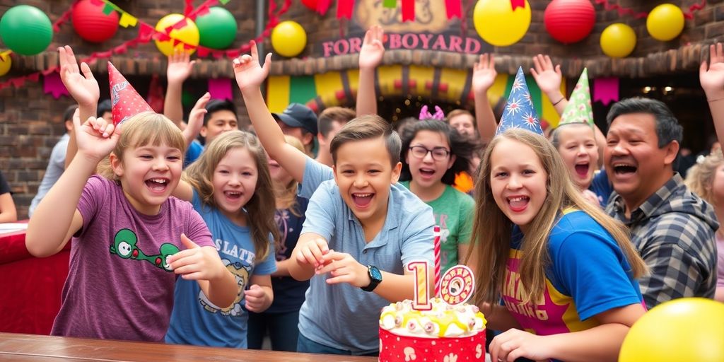 Scène festive d'anniversaire au Fort Boyard avec défis.