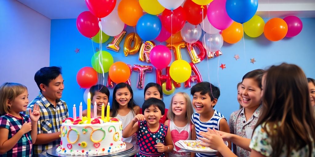 Scène de fête d'anniversaire avec des ballons et un gâteau.