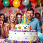 Scène de fête d'anniversaire avec gâteau et invités heureux.