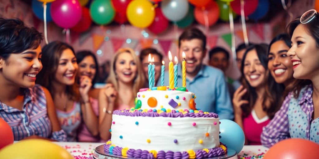 Scène de fête d'anniversaire avec gâteau et invités heureux.