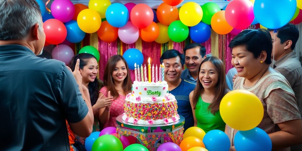 Fête d'anniversaire colorée avec ballons et gâteau.