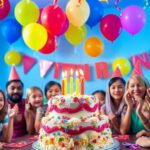 Fête d'anniversaire avec des ballons colorés et un gâteau.