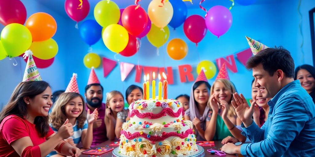 Fête d'anniversaire avec des ballons colorés et un gâteau.