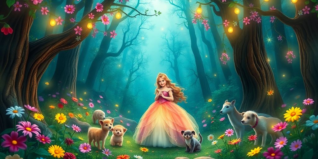 Princesse magique dans une forêt enchantée avec des animaux.