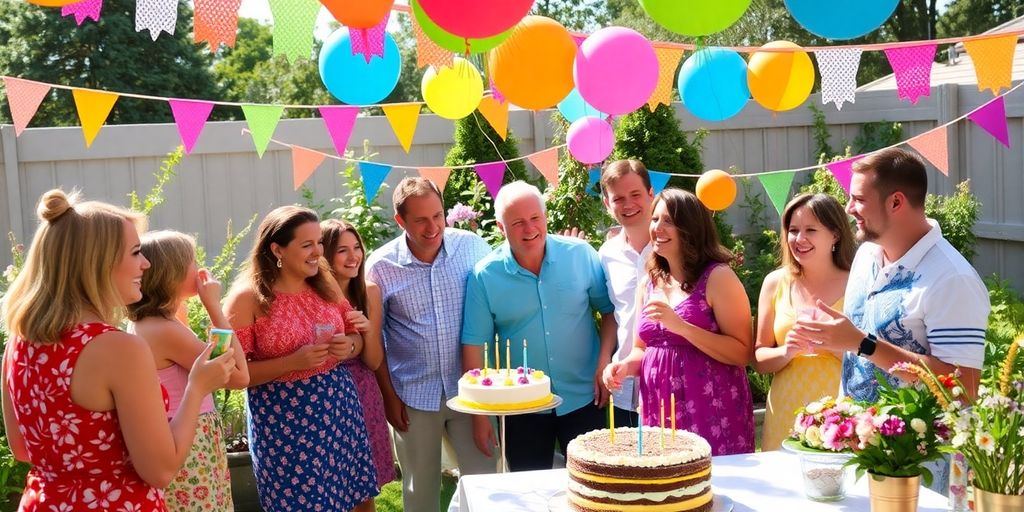 Fête d'anniversaire en plein air avec décorations colorées.