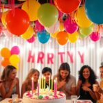 Célébration d'anniversaire colorée à Bordeaux, avec des décorations.