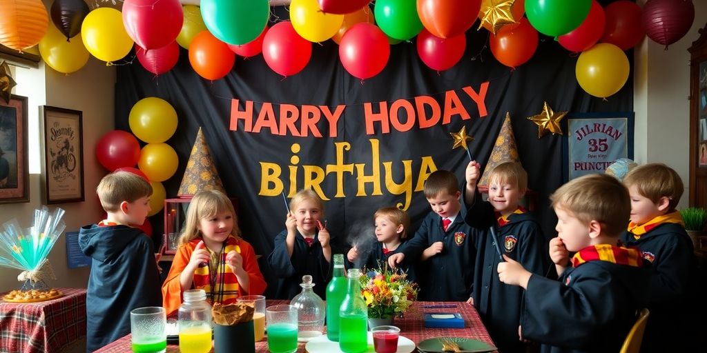 Enfants célébrant un anniversaire Harry Potter à domicile.