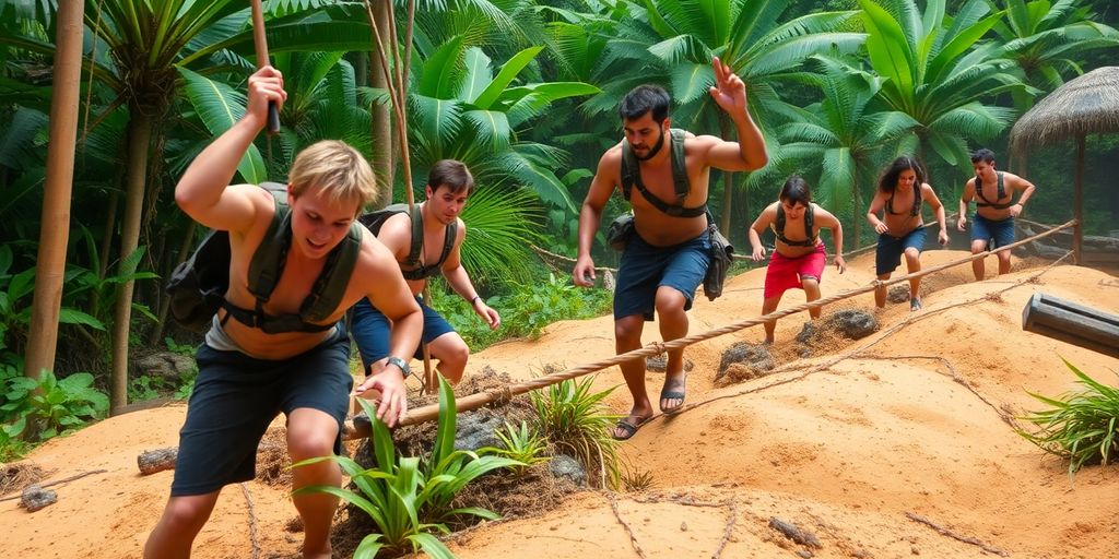 Des concurrents surmontant des obstacles dans la nature.