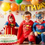 Des enfants déguisés en super-héros à une fête d'anniversaire.