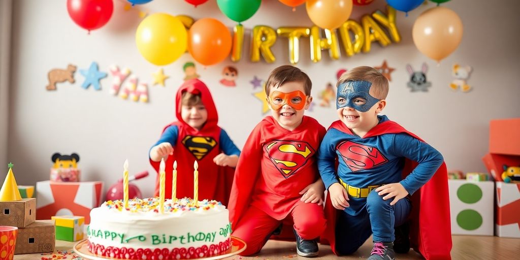 Des enfants déguisés en super-héros à une fête d'anniversaire.