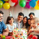 Bébé heureux, gâteau d'anniversaire et ballons colorés.