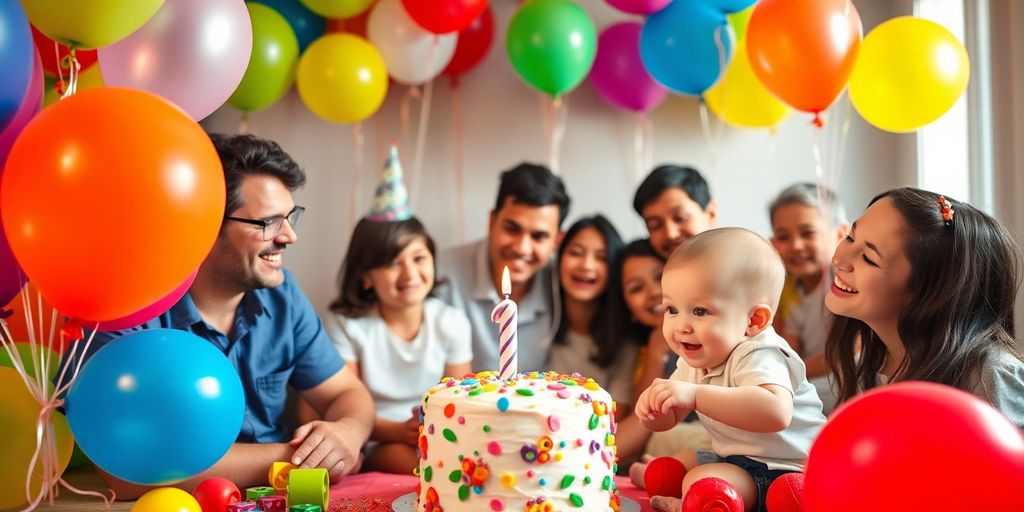 Bébé heureux, gâteau d'anniversaire et ballons colorés.