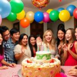 Fête d'anniversaire à domicile avec des ballons colorés.