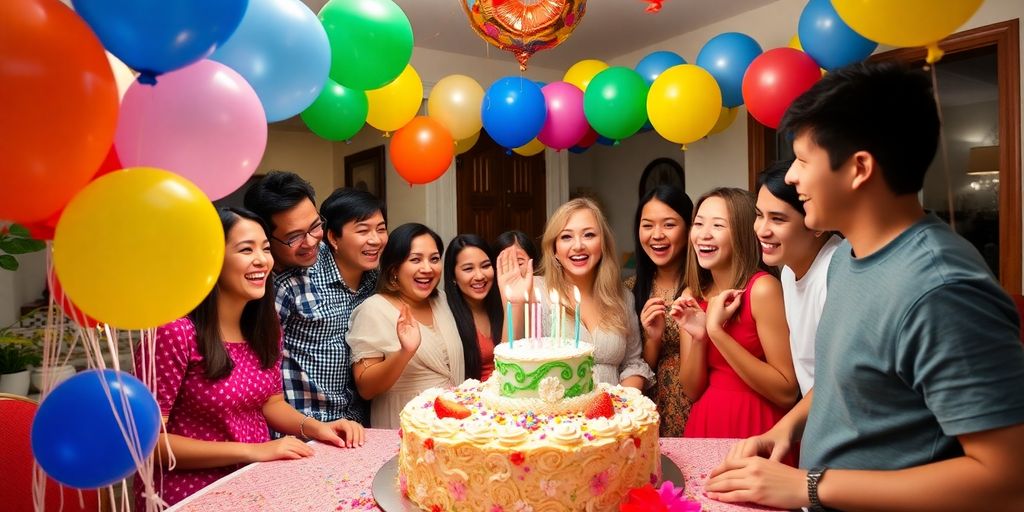 Fête d'anniversaire à domicile avec des ballons colorés.