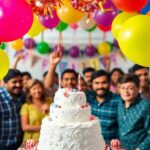 Fête d'anniversaire avec des ballons colorés et un gâteau.