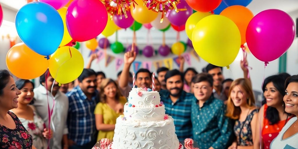 Fête d'anniversaire avec des ballons colorés et un gâteau.