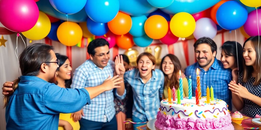 Fête d'anniversaire avec ballons et gâteau coloré.