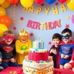 Enfants déguisés en super-héros lors d'un anniversaire.