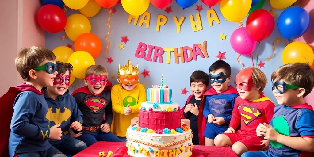 Enfants déguisés en super-héros lors d'un anniversaire.