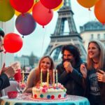 Célébration d'anniversaire à Paris avec des amis et un gâteau.