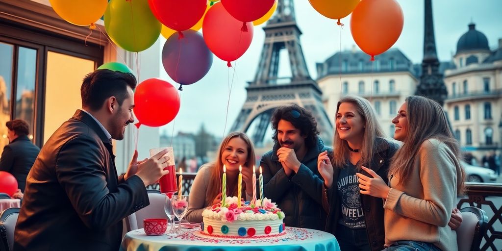 Célébration d'anniversaire à Paris avec des amis et un gâteau.