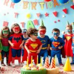 Enfants déguisés en super héros lors d'un anniversaire.