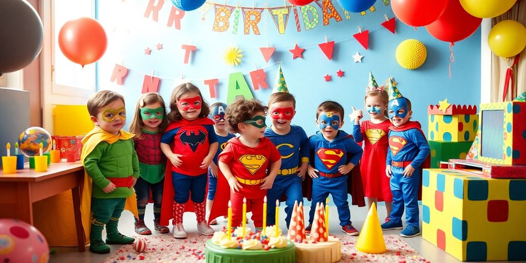 Enfants déguisés en super héros lors d'un anniversaire.